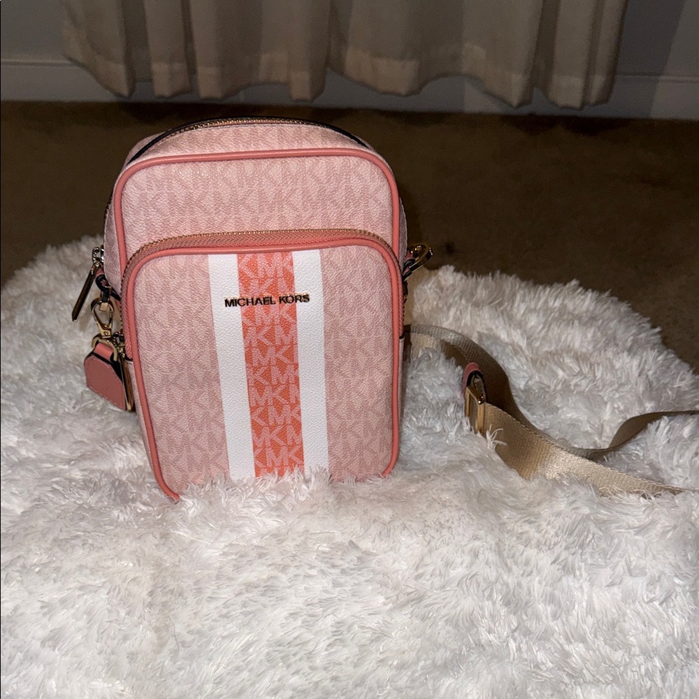 Michael Kors Pink and White Stripe Crossbody Bag